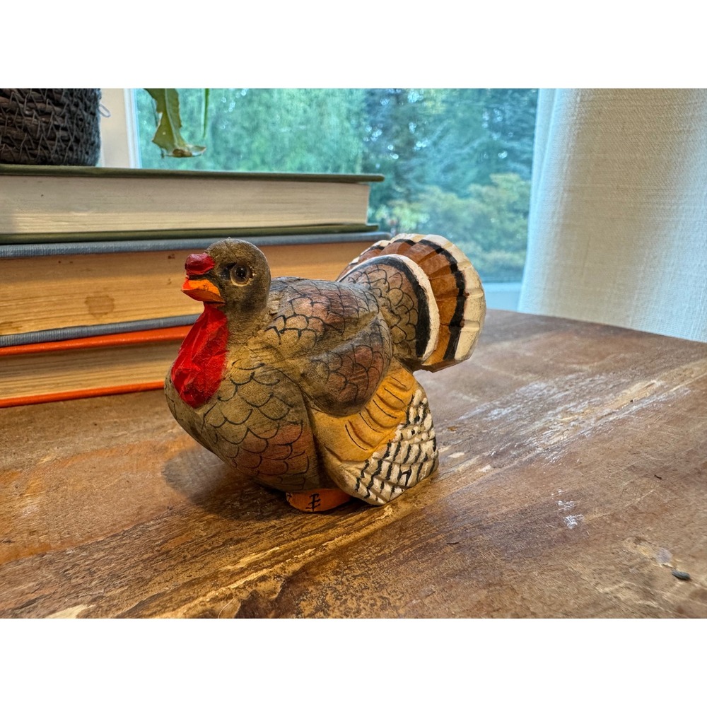 Hand Carved Wooden Turkey Figurine Thanksgiving Folk Art Decor Small 3 Inch